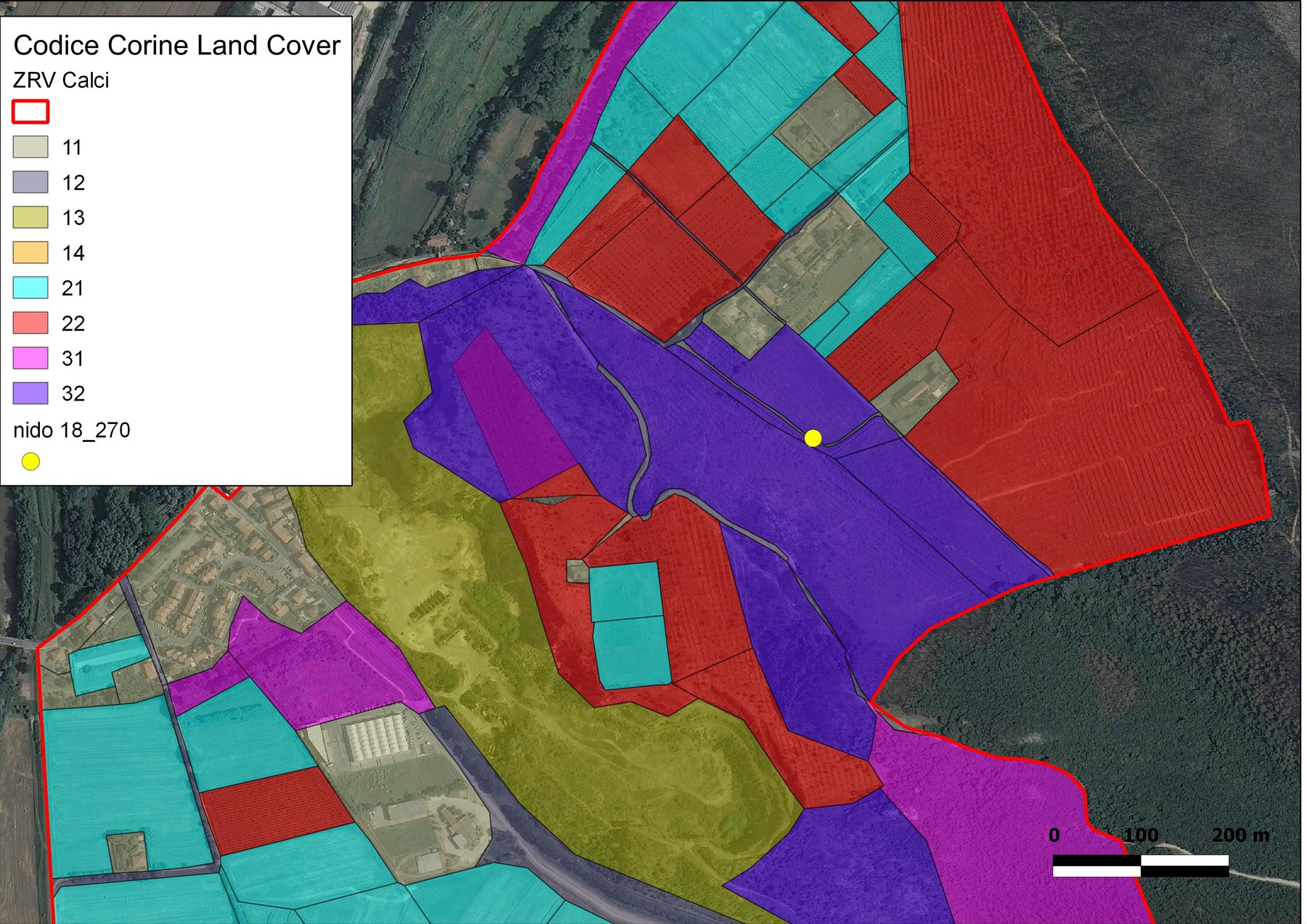 Mappa di uso del suolo e localizzazione di un nido nella ZRV Calci